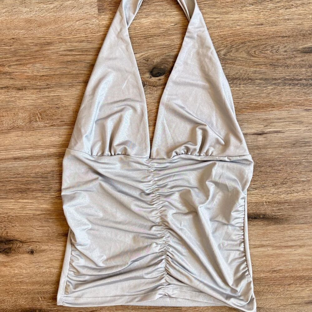 Y2K Metallic Silver Ruched Halter Top - Picture 5 of 7